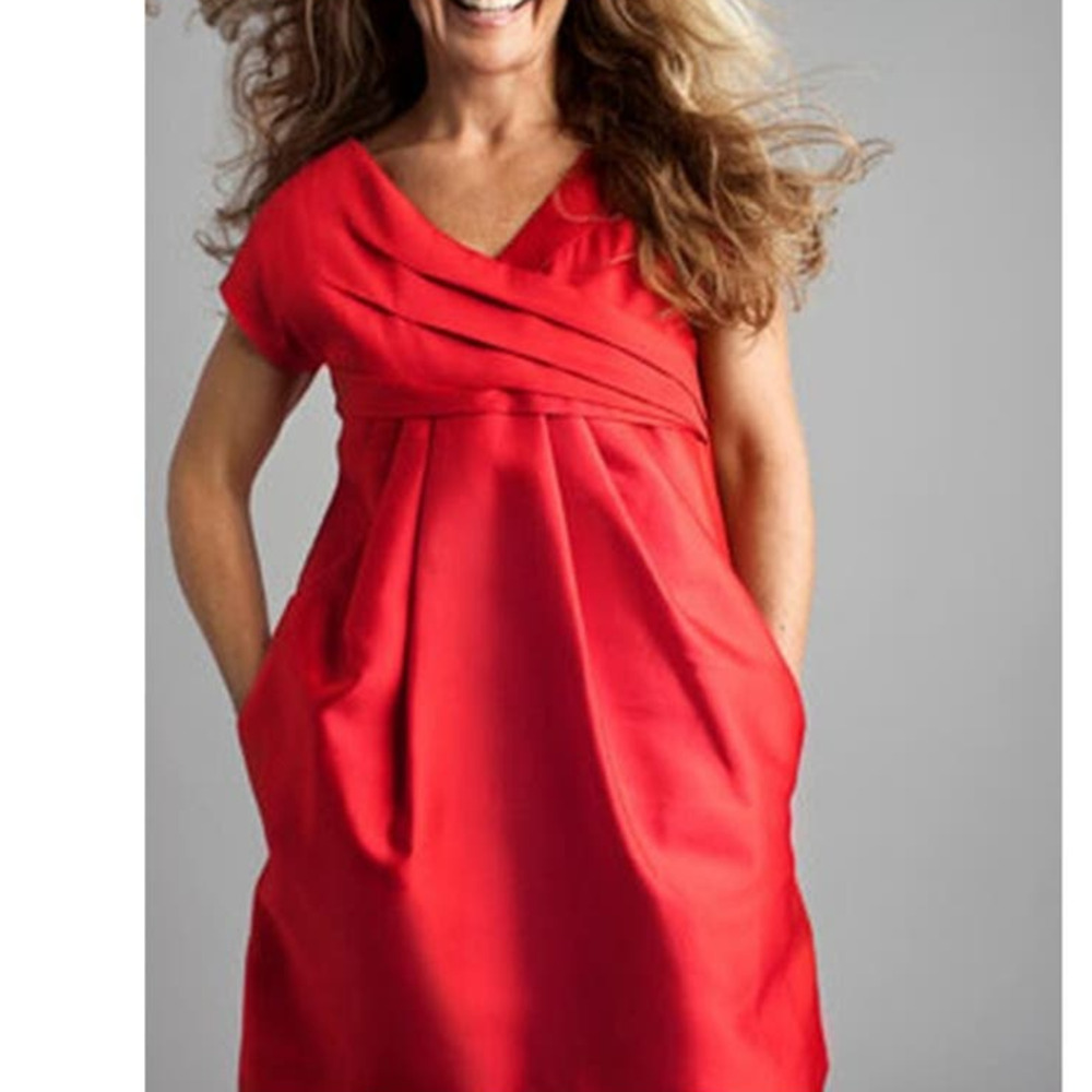 Kate Spade Red Silk Taffeta Surplice Neckline Front Pockets Pleated Dress Size 8